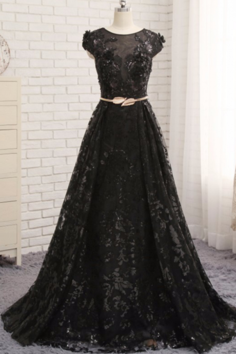 Black Lace Cap Sleeve Long Senior Prom Dress, Evening Dress With Belt