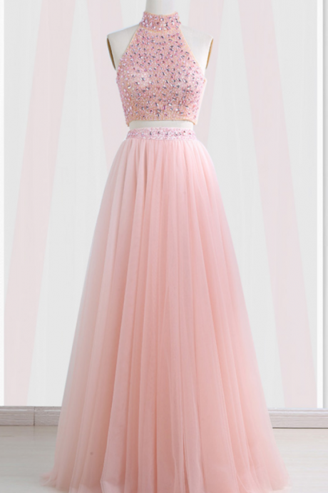 Pink Tulle Two Pieces Long Beaded Hight Neck Evening Dress, Formal Dress