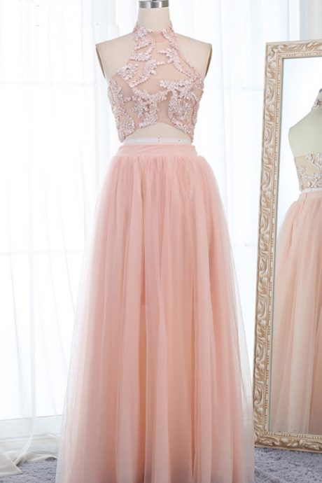 Pink Tulle Two Pieces Long Lace Prom Dress, Party Dress