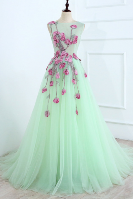Light Green Tulle Long Embroidery Evening Dress, Open Back Prom Dress