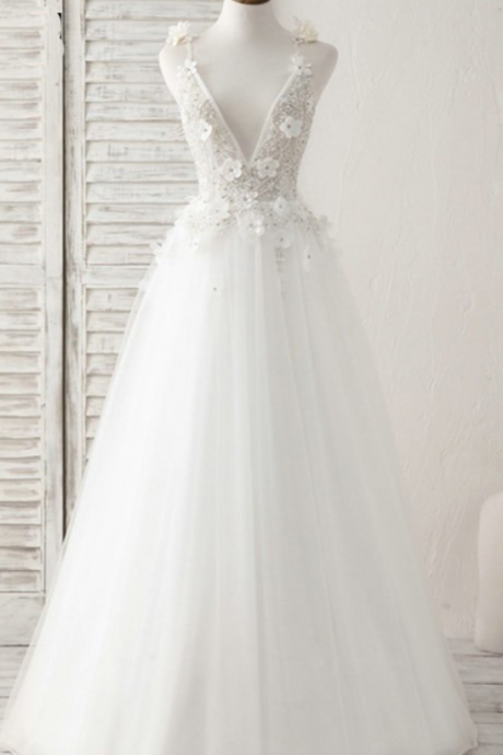White Tulle V Neck Beaded Long Formal Prom Dress, Bridal Dress