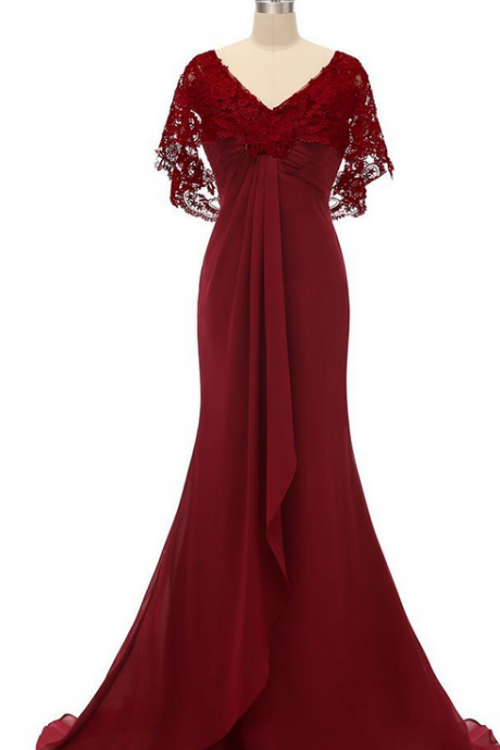 V Neck Real Image Draped Chiffon Mermiad Burgundy Lace Evening Dress With Wrap Lace Backless Formal Gown Appliques Sweep Train Pleats Modern