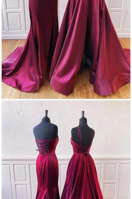 Burgundy Long A Line Simple Party Dress, Prom Dresses