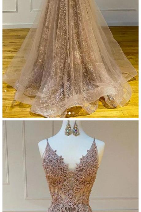 Champagne Tulle Long Dress V Neck A Line Customize Lace Prom Dress