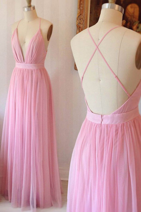 Pink Chiffon V-neck Cross Back Long Dress,summer Dress