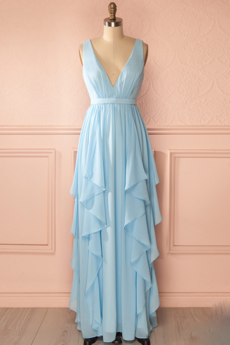 Simple Baby Blue Chiffon Long V Neck Prom Dress, Unique Evening Dress