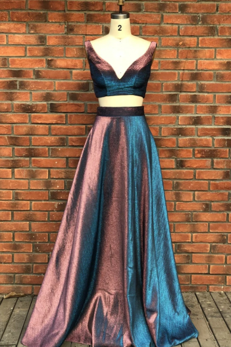 Fancy Two Pieces V-neck Sleeveless Sweep Train Stain Prom Dress