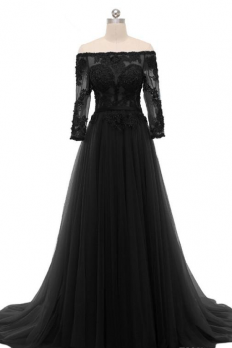 A Line Black Appliques Evening Dress Off-shoulder Beadings Tulle Three Quarter Sleeve Long Formal Gowns Custom Made Top Selling