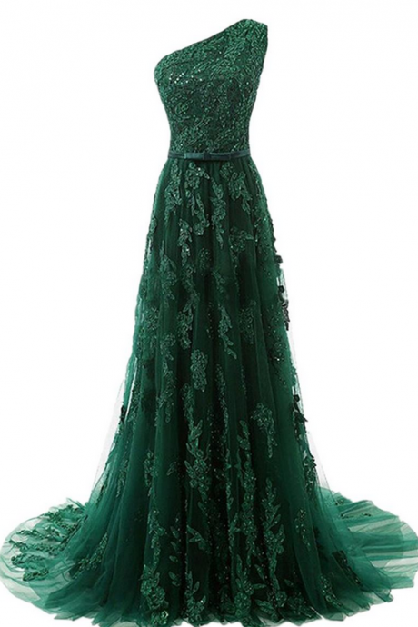 A Line Lace One Shoulder Hunter Green Tulle Evening Dresses Beading Real Image Long Prom Gowns Appliques Custom Made Vintage Sash