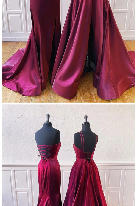 Burgundy Long A Line Simple Party Dress, Prom Dresses