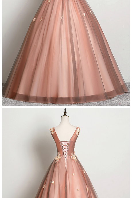 Pink Tulle V Neck Long Dress, Long 3d Lace Applique Evening Dress