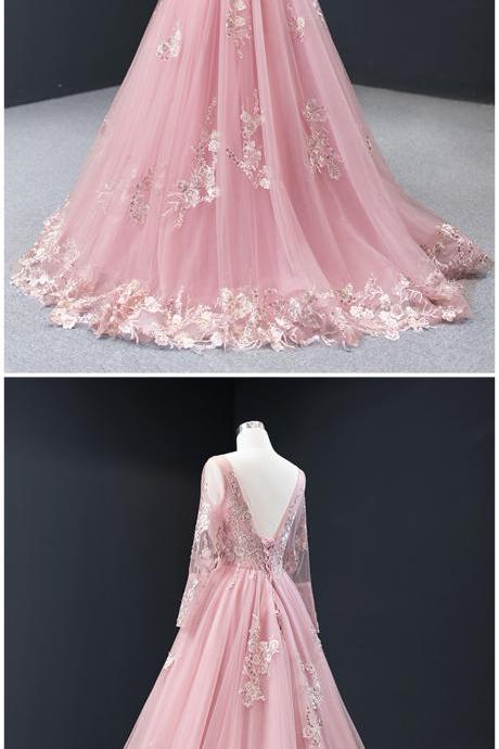 Pink Tulle Long Sleeve A Line Customize Lace Formal Prom Dress, Evening Dress