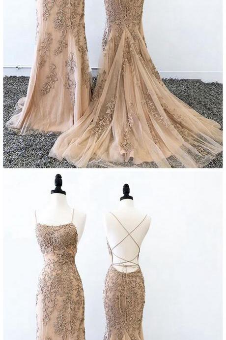 Champagne Tulle Open Back Long Lace Up Prom Dress With Applique