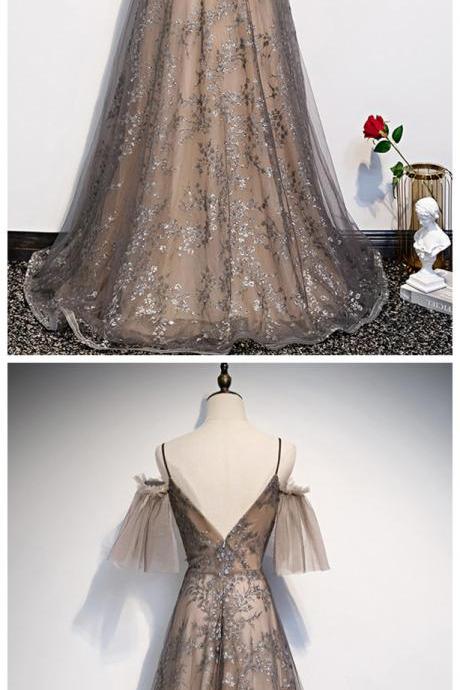 Unique Long Tulle Lace V Neck Spaghetti Straps Prom Dress With Sleeve