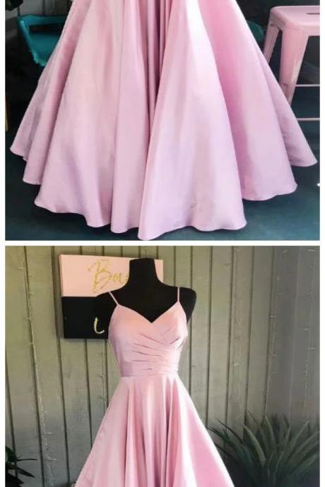 Pink Satin A Line Spaghetti Straps Long Senior Prom Dress, Pink Party Dress