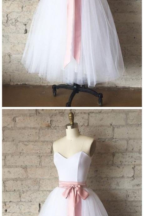 Sweetheart Neck White Tulle Mid Length Prom Dress, Party Dress With Sash