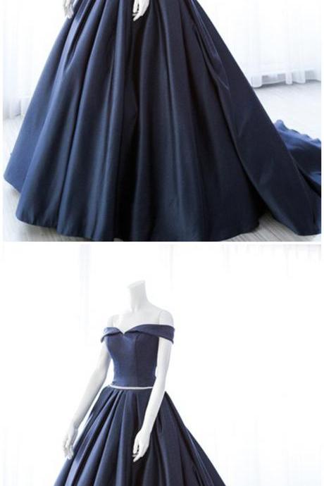 Unique Off Shoulder Navy Blue Satin Full Length Customize Prom Dress, Formal Dress