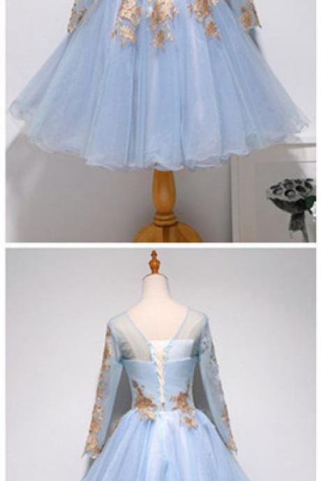 Light Blue Tulle Long Sleeve Short Lace Applique Prom Dress, Homecoming Dress