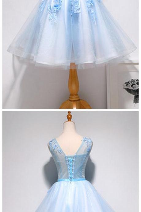 Sky Blue Tulle Short V Neck A Line Prom Dress, Mini Party Dress