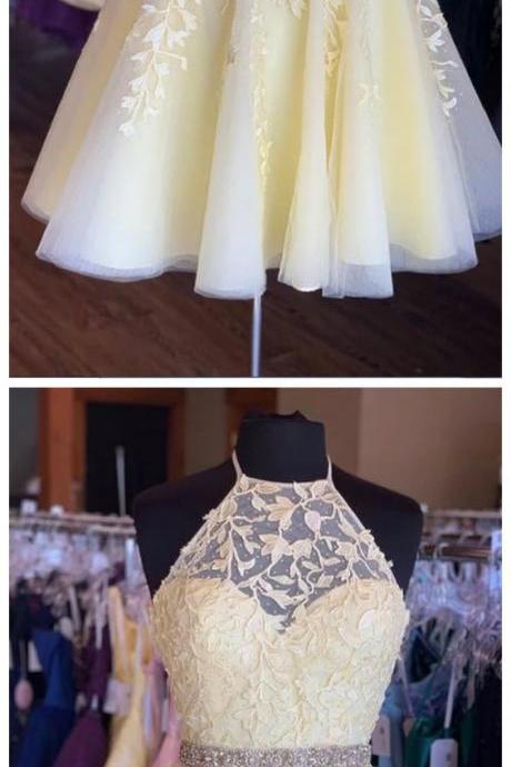 Yellow Tulle Lace Short Prom Dress, Homecoming Dress