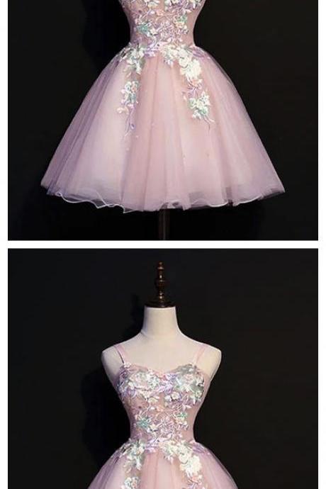 Sweetheart Neck Pink Tulle Short Prom Dress, Homecoming Dress With Applique