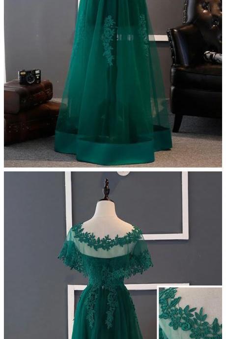 Green Lace Tulle Long A Line Prom Dress, Lace Up Evening Dress