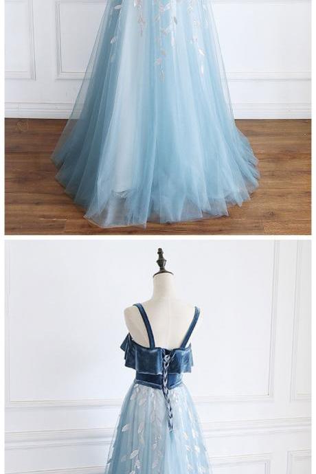 Blue Tulle Velvet Long A Line Senior Prom Dress, Formal Dress With Applique