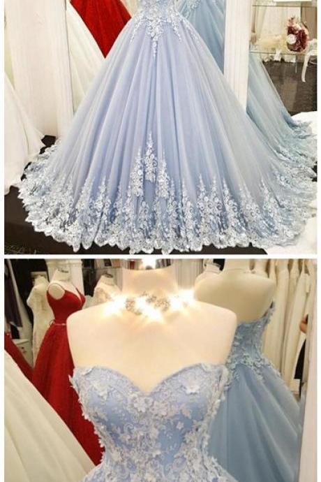 Light Blue Tulle Sweetheart Long 3d Flowers Sweet 16 Dress, Quinceanera Dress