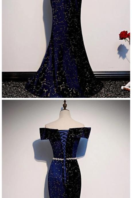 Deep Blue Sequins Off Shoulder Long Mermaid Prom Dress, Formal Dress