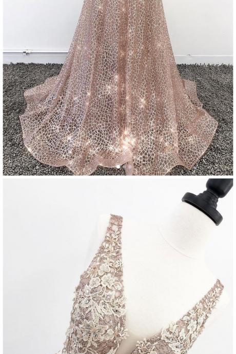Stunning Sequins V Neck Long Senior Prom Dress, Evening Dress With Flower Lace