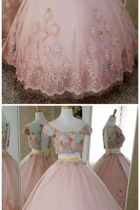Pink Tulle Two Pieces Cap Sleeve Sweet 16 Prom Dress With 3d Lace Applique