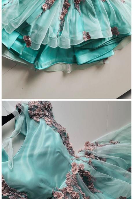 Light Green Tulle Short 3d Lace Applique Prom Dress, Mini Homecoming Dress