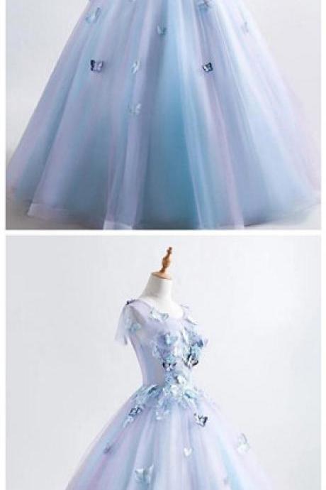 Princess Blue Quinceanera Dress 3d Butterfly Floral Applique Prom Ball Gown, Bw94150