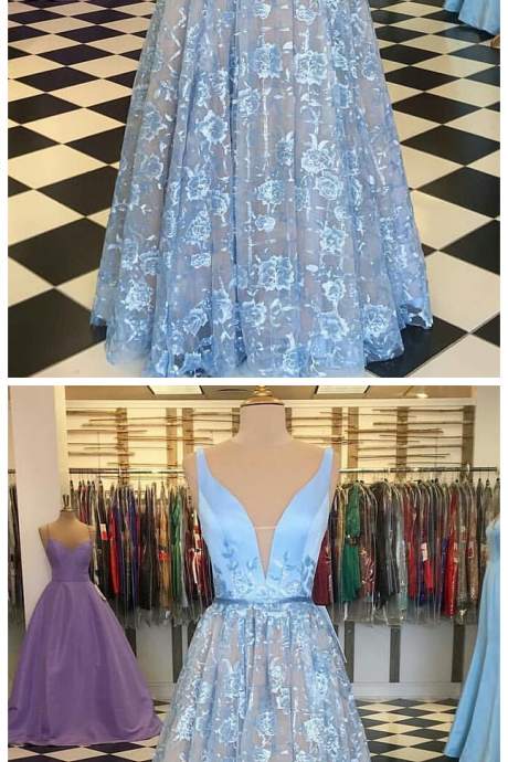 V Neck Long Prom Dress With Floral Embroidery