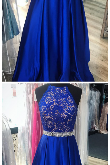 Halter Long Prom Dress, Blue Evening Dress,