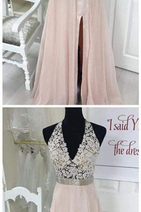 Elegant Halter Blush Pink Chiffon Long Prom Dress With Slit