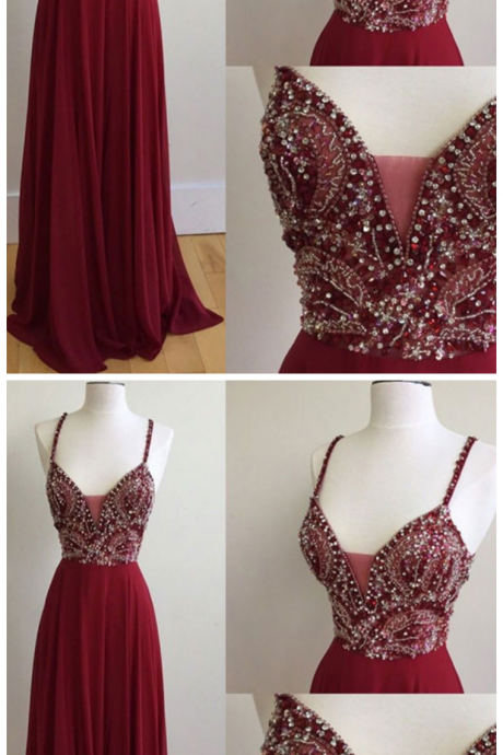 Spaghetti Straps Prom Dresses,sexy V-neck Prom Gown,burgundy Long Prom Dress With Beading,