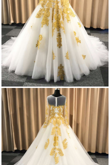 White Ball Gown Wedding Dress With Gold Appliques, Long Sleeves Puffy Prom Dress With Beading