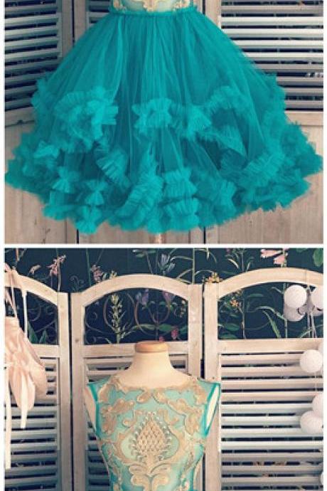 Blue Tulle Gold Lace Applique Short Halter Prom Dress, Homecoming Dress
