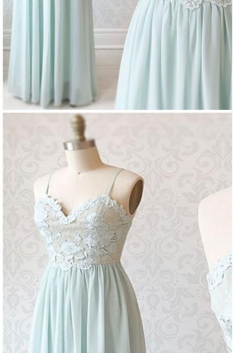 Light Mint Chiffon Simple Spaghetti Straps Prom Dress, Bridesmaid Dress With Applique