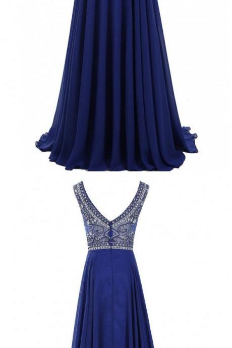 Short Sleeve Prom Dress Blue Party Dress ,long Evening Dress With Beading