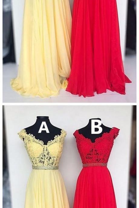 V Neck Yellow/red Long Prom Dresses With Appliques Lace