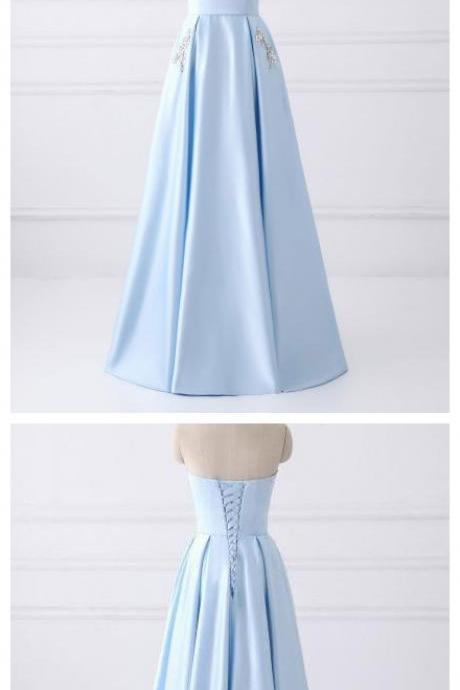 A-line Strapless Long Cheap Prom Dresses with Pocket, Light Blue Satin Prom Gowns