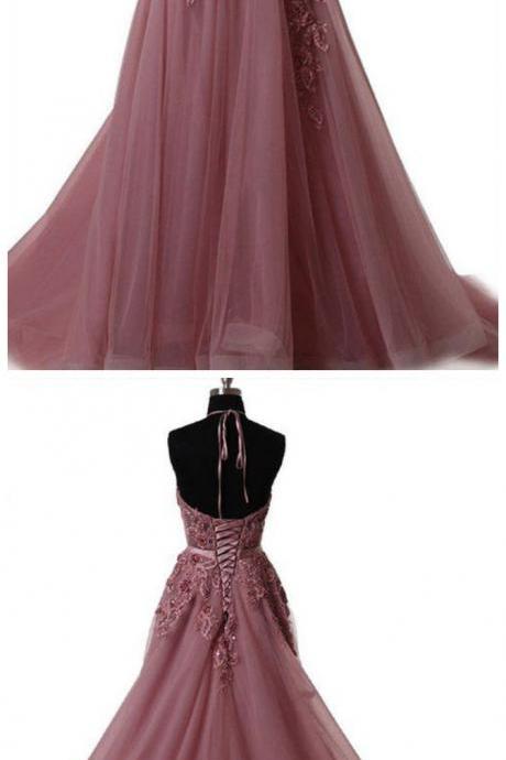 Pink Appliques Beaded Prom Dress,halter Party Dress,a-line Evening Dress