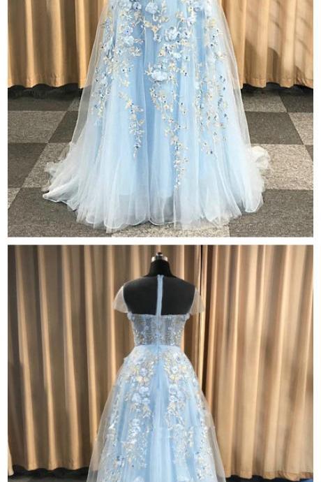 Light Blue Flower Lace Short Sleeve Long Pageant Prom Dress