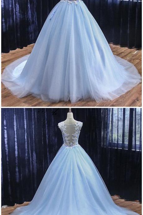 Light Sky Blue Tulle Custom Made Long Sweet 16 Prom Dress, Quinceanera Dress