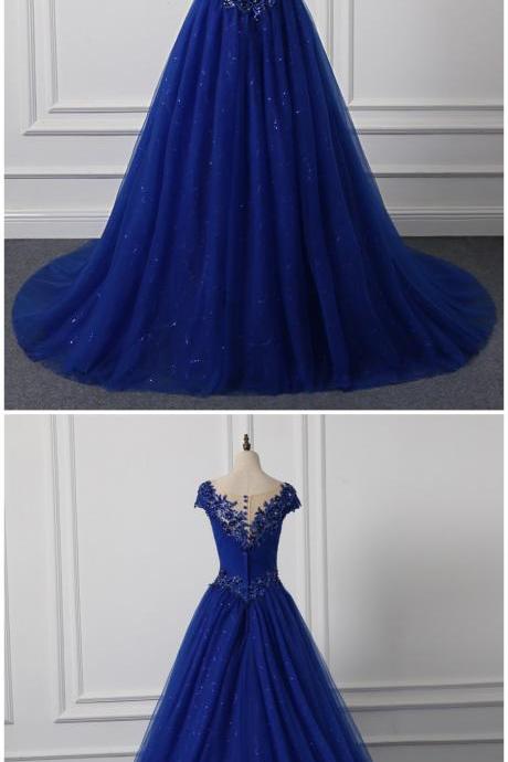 Royal Blue Tulle Cap Sleeve Floor Length Formal Prom Dress With Applique