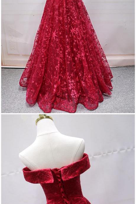 Red Lace Strapless Long Off Shoulder Line Prom Dress, Red Evening Dress