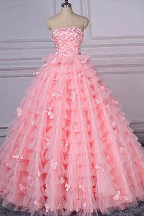 Unique Strapless Pink Tulle Layered Sweet 16 Prom Dress, Quinceanera Dress With Applique