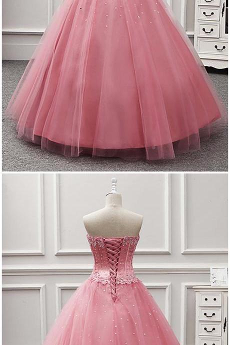 Pink Tulle Beaded Strapless Sweet 16 Prom Dress, Pink Quinceanera Dress